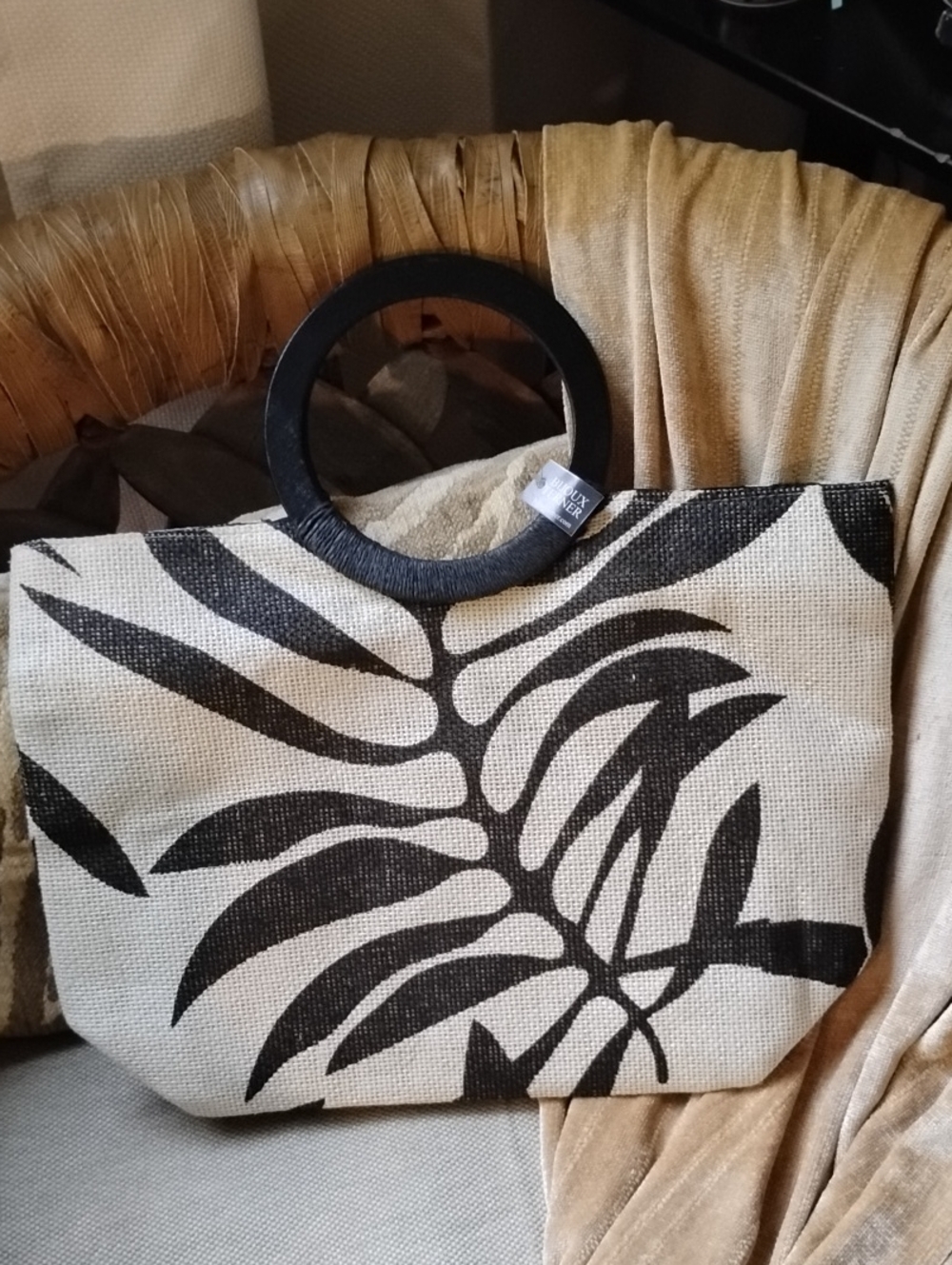 Tropical Leaf Black & Natural Tote Bag with Wooden Handles